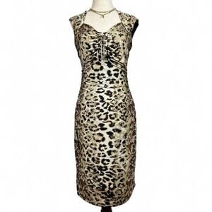 Vintage Cache Womens Leopard Print Bodycon Dress Gold Chain Lace Mob Wife Glam M
